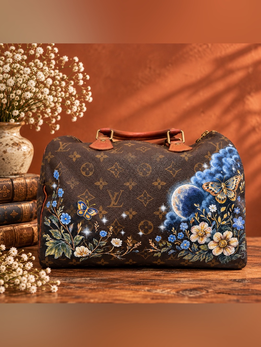 Louis Vuitton Brown Monogram Tote with Blue Floral and Butterfly Motif